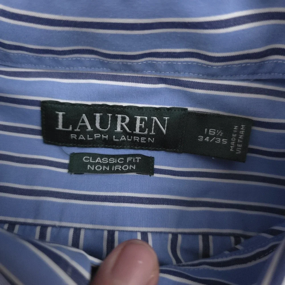 Lauren Ralph Lauren Mens‎ 16.5 34/35 Blue Striped Classic Fit Button Down Shirt